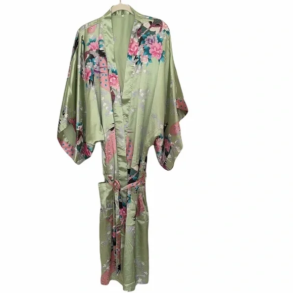 NWOT Kimono maxi length satin green pink floral peacock design robe - Picture 10 of 11